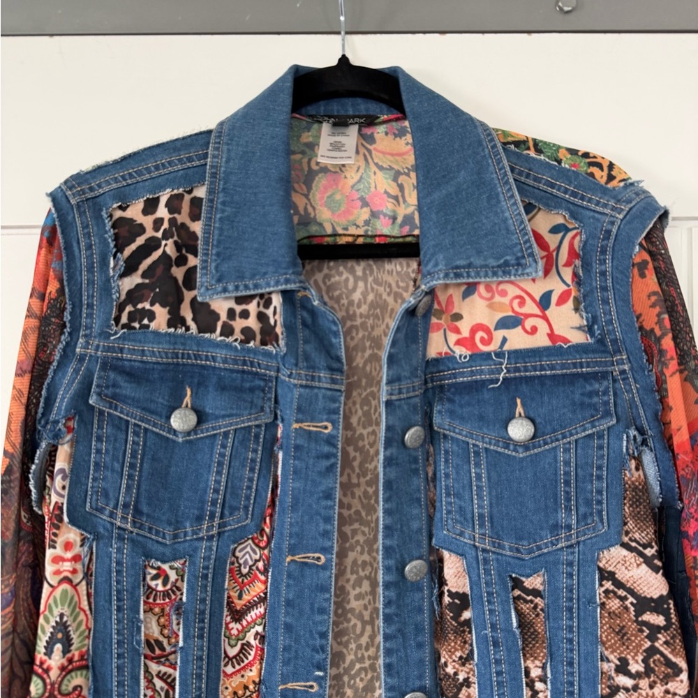 John Mark Point Collar Multi Print Patch Denim Ja… - image 4